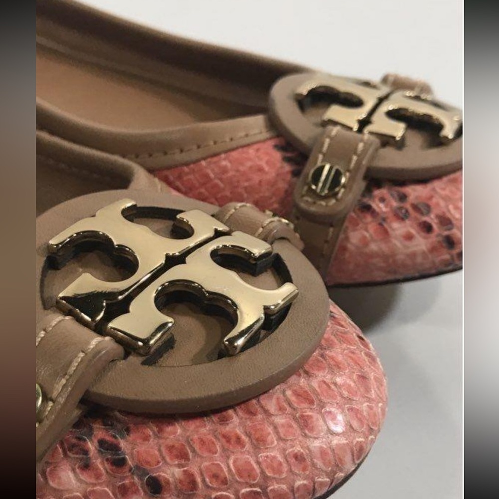 Women’s Tory Burch Pink/Tan Leather Snake Print Ballet Flats Size 6.5M